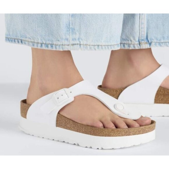 PapilliobyBirkenstock Gizeh Platform Sandals White Leather Cork Footbed Comfort - Picture 14 of 14